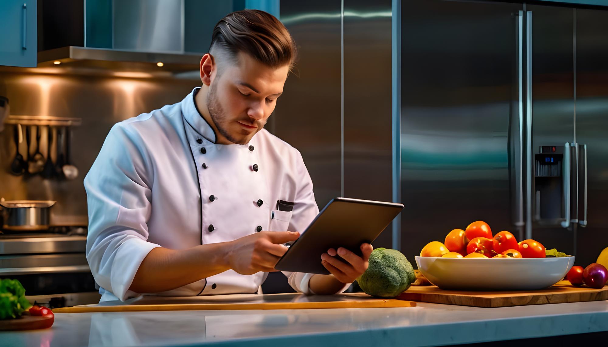 Chef che mostra ricetta rapida su tablet